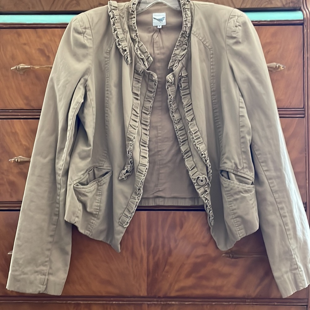 Anthropologie Blue Bird Label Blazer Ruffled Jacket Cropped Size 8 Khaki Tan